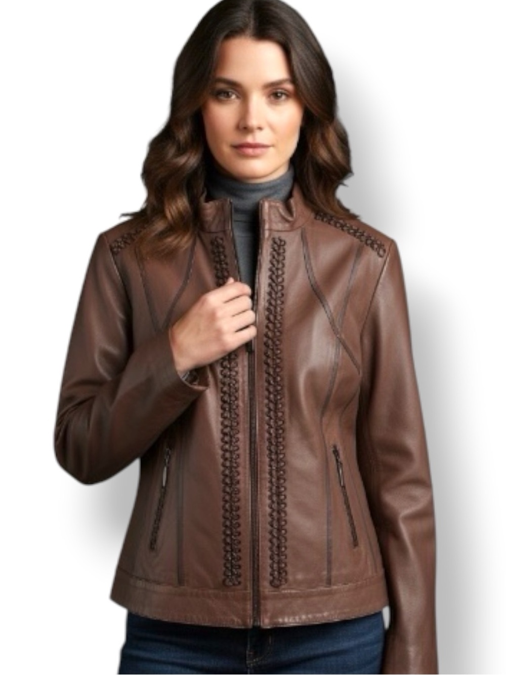 Reba Chocolate Chain Decorated Brown Leather Jacket Zip Front. Women Sz X-Large